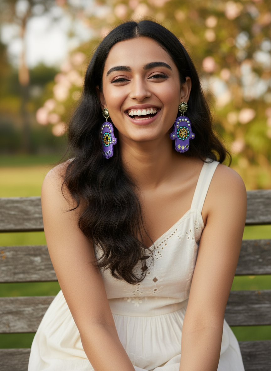 Woman sitting on a bench outdoors wearing a white dress and purple Hamsa earrings.