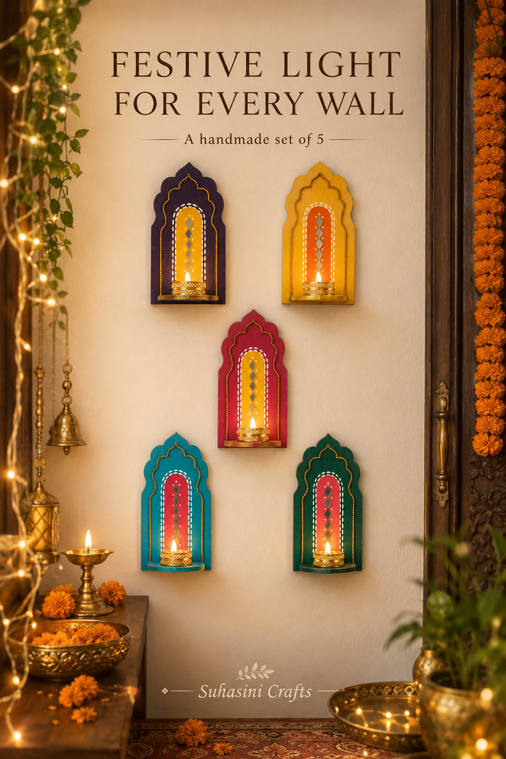 Indian Arch Tealight Holder Set of 5 – Handmade Jharokha Diya Wall Decor