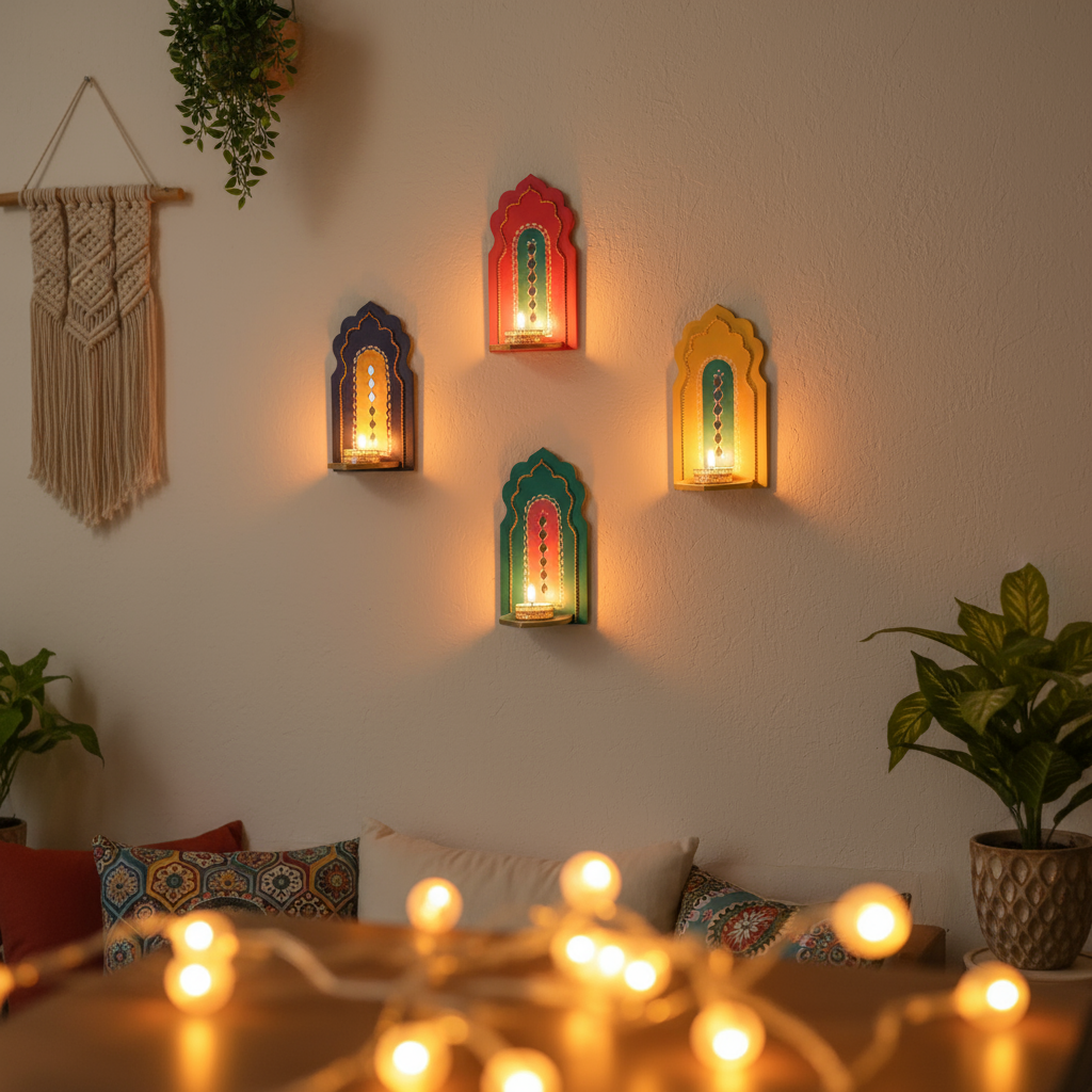 πͺ Handpainted Jharokha Style Wall Hanging T-Light Holder β 5 Colours