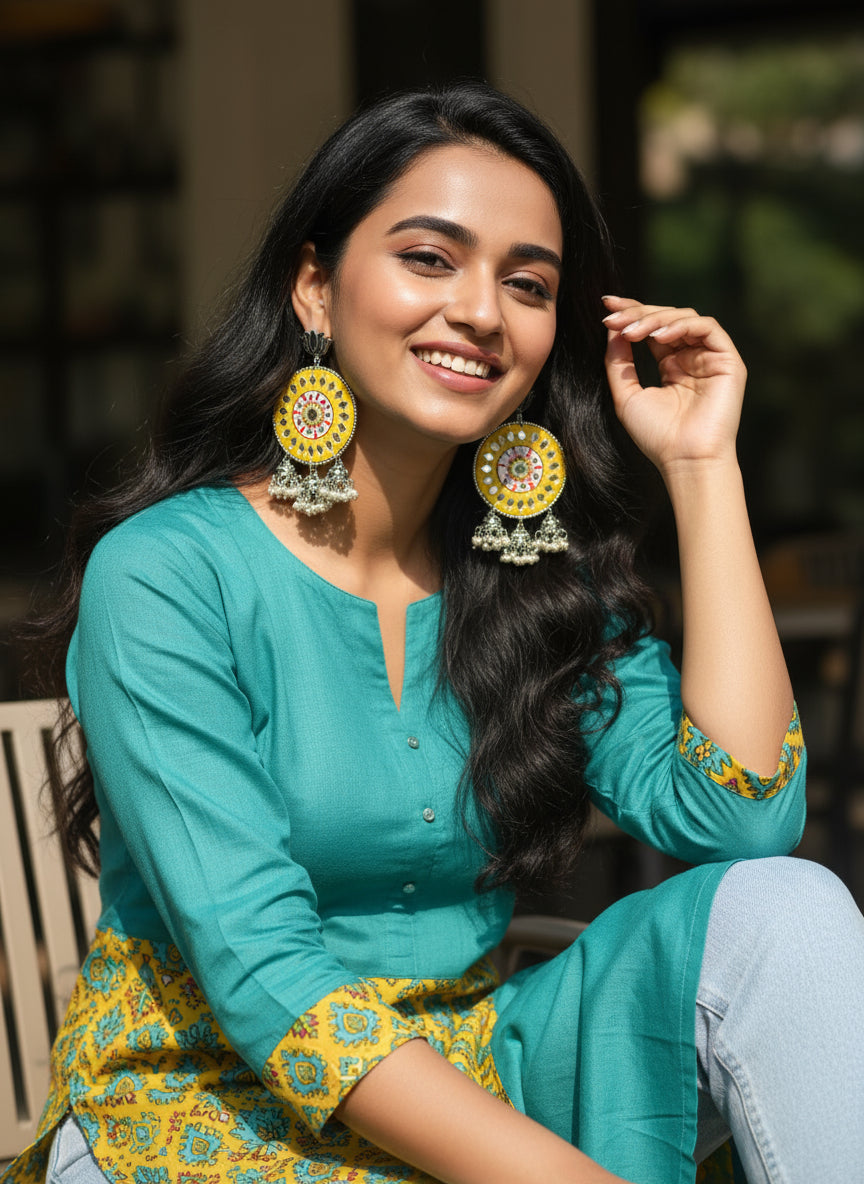Radiant Sunshine: Hand-Painted Yellow Mirror Work & Lotus Jhumki Earrings š