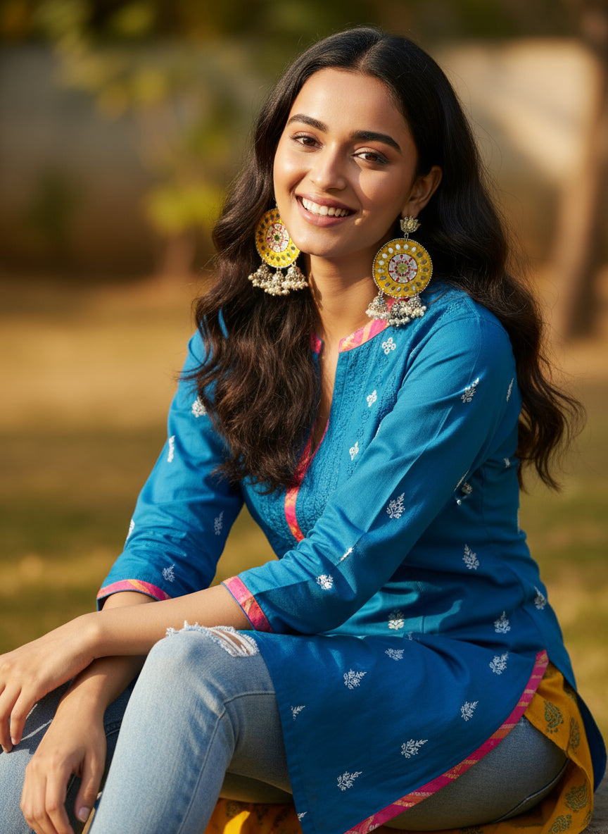 Radiant Sunshine: Hand-Painted Yellow Mirror Work & Lotus Jhumki Earrings š