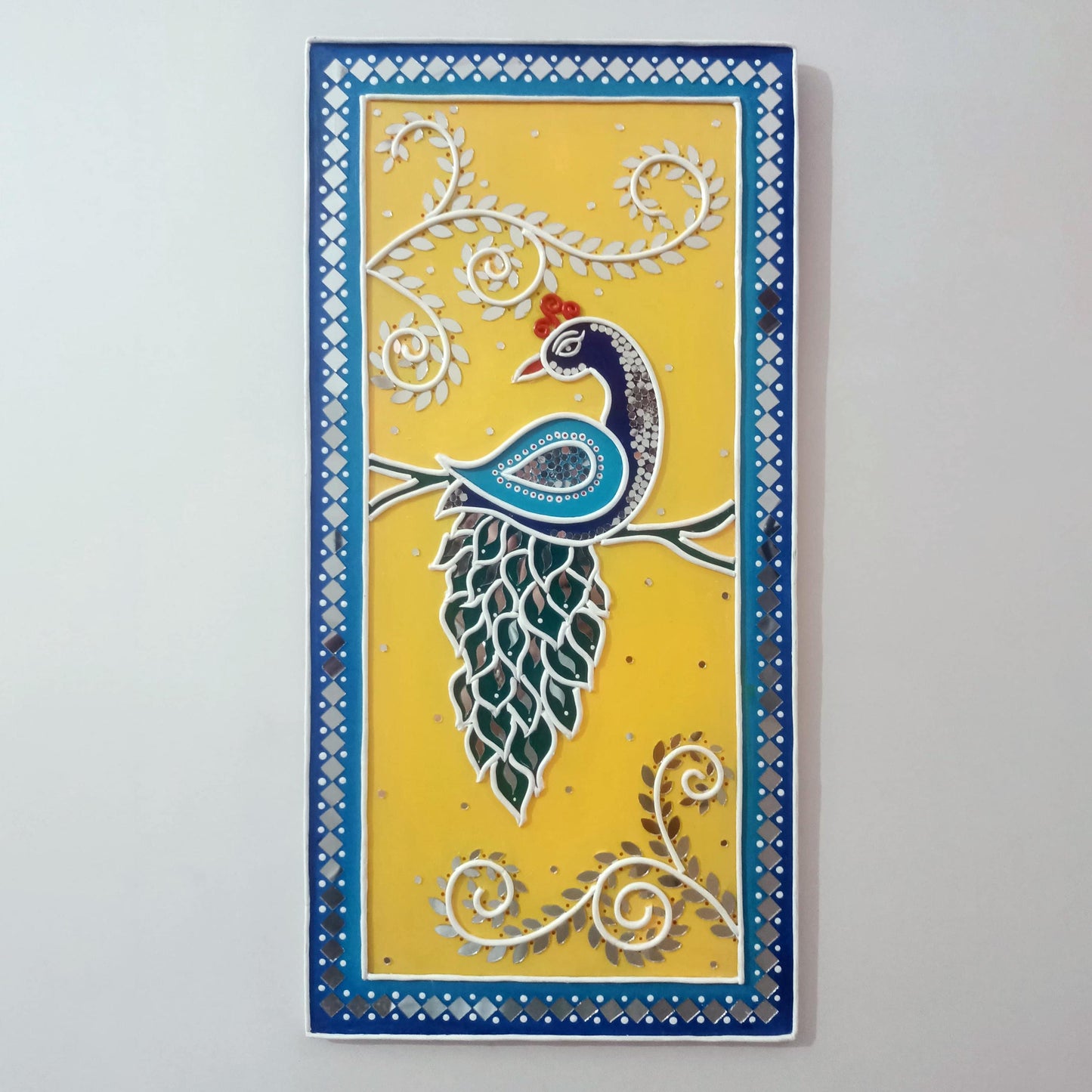Peacock Lippan Wall Art Set of 3, Mud Mirror Indian Folk Decor
