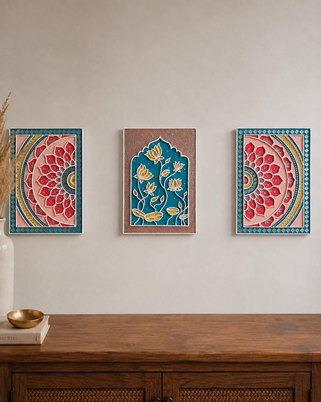 Lotus Lippan Wall Art Set of 3, Mud Mirror Indian Folk Decor