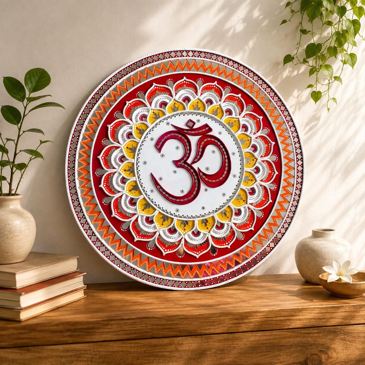 Om Lippan Mandala Wall Art, Mud Mirror Indian Folk Decor