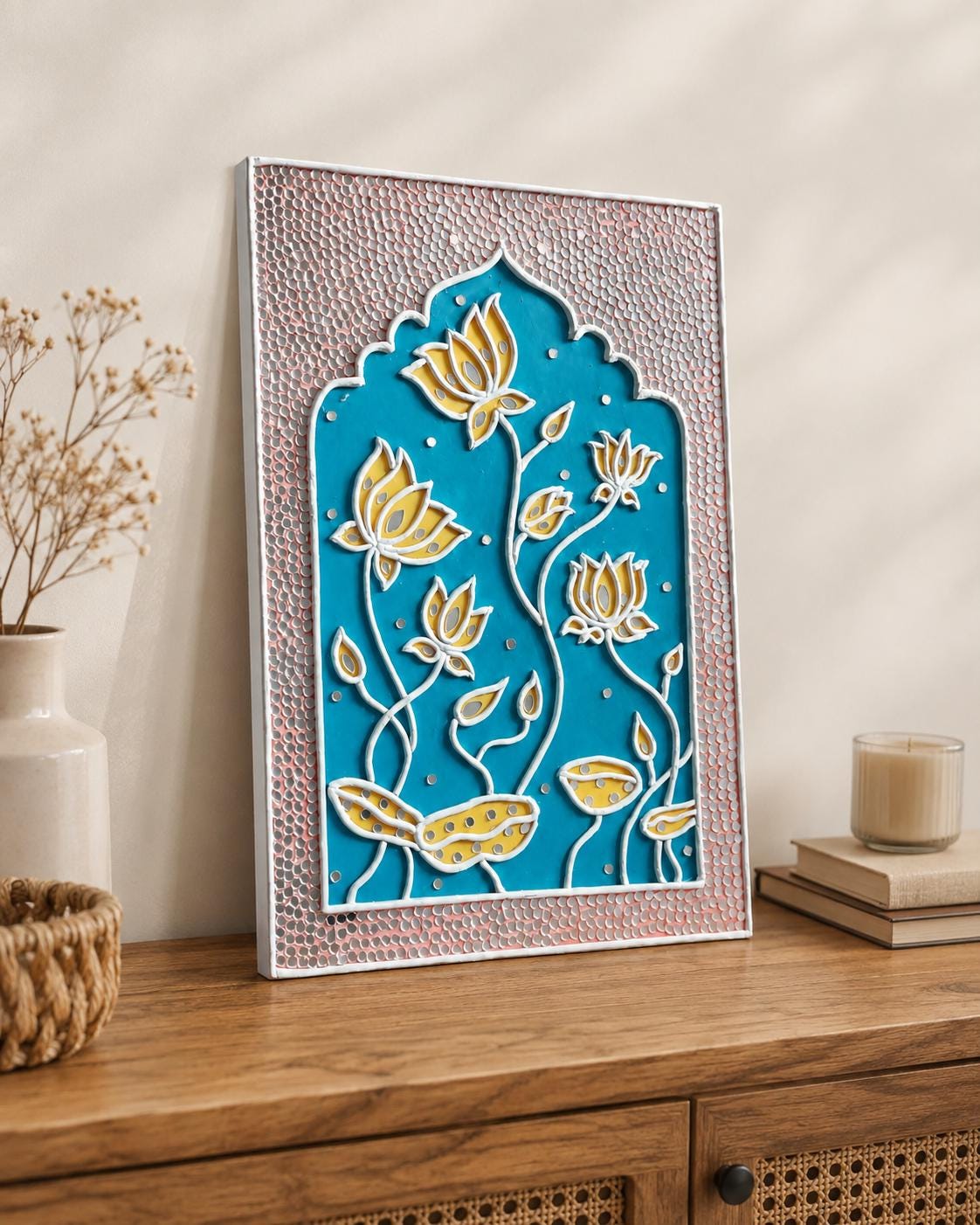 Lotus Pond Lippan Wall Art, Mud Mirror Indian Folk Decor