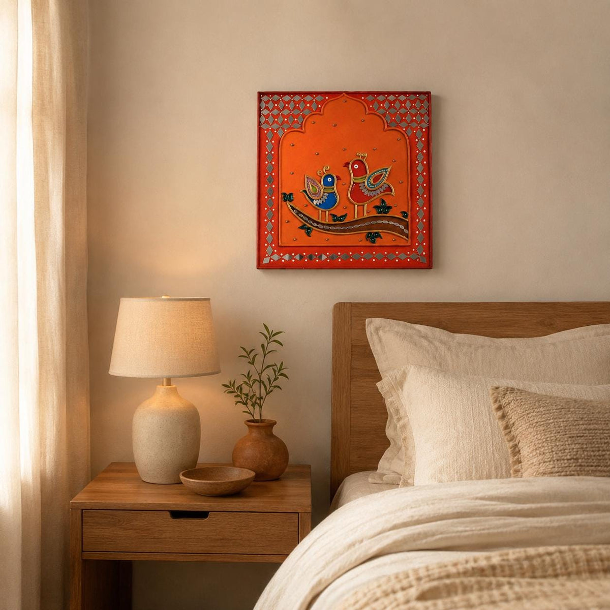 Lippan Bird Couple Wall Art, Mud Mirror Indian Folk Decor