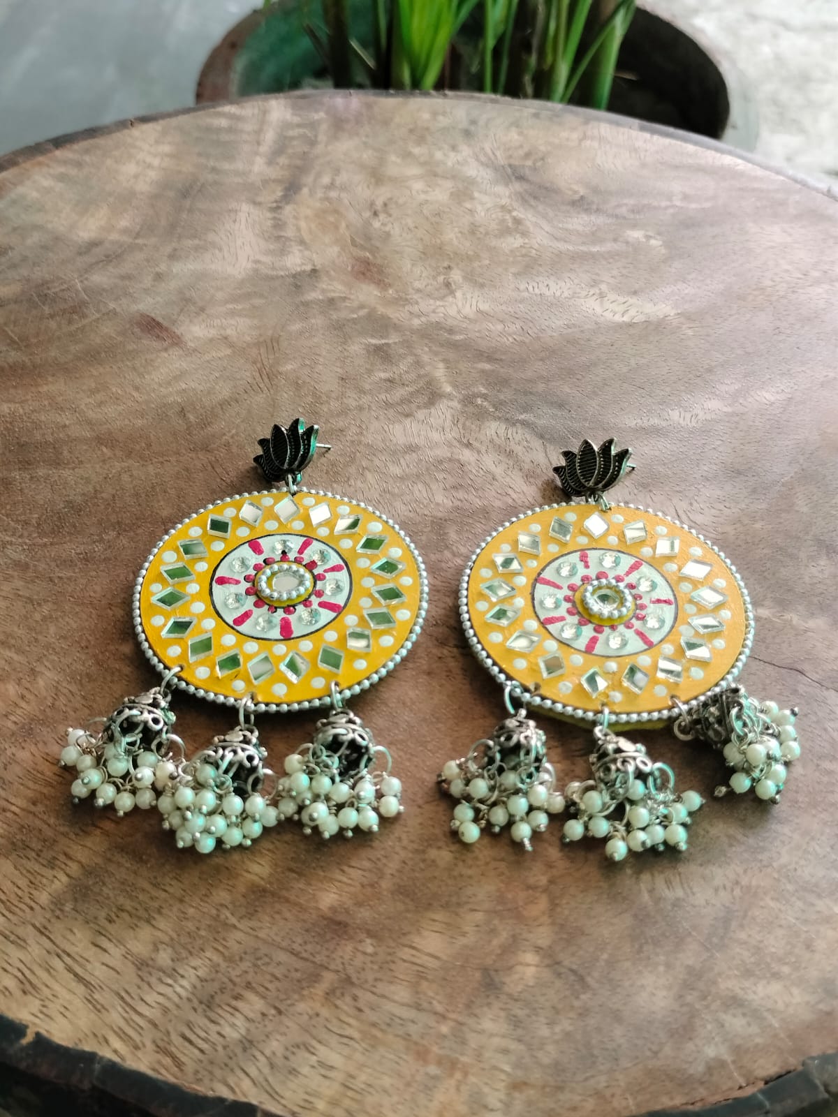 Radiant Sunshine: Hand-Painted Yellow Mirror Work & Lotus Jhumki Earrings 💙