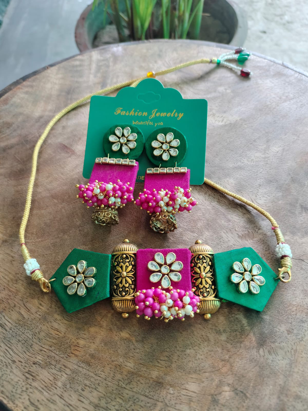 Regal Charm: Rani Pink & Emerald Green Fabric Kundan Choker Set ✨