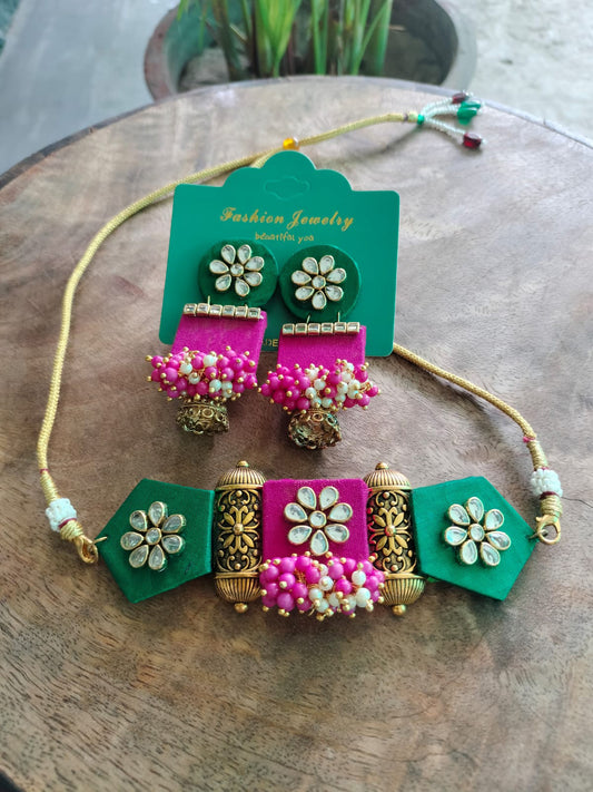 Regal Charm: Rani Pink & Emerald Green Fabric Kundan Choker Set ✨