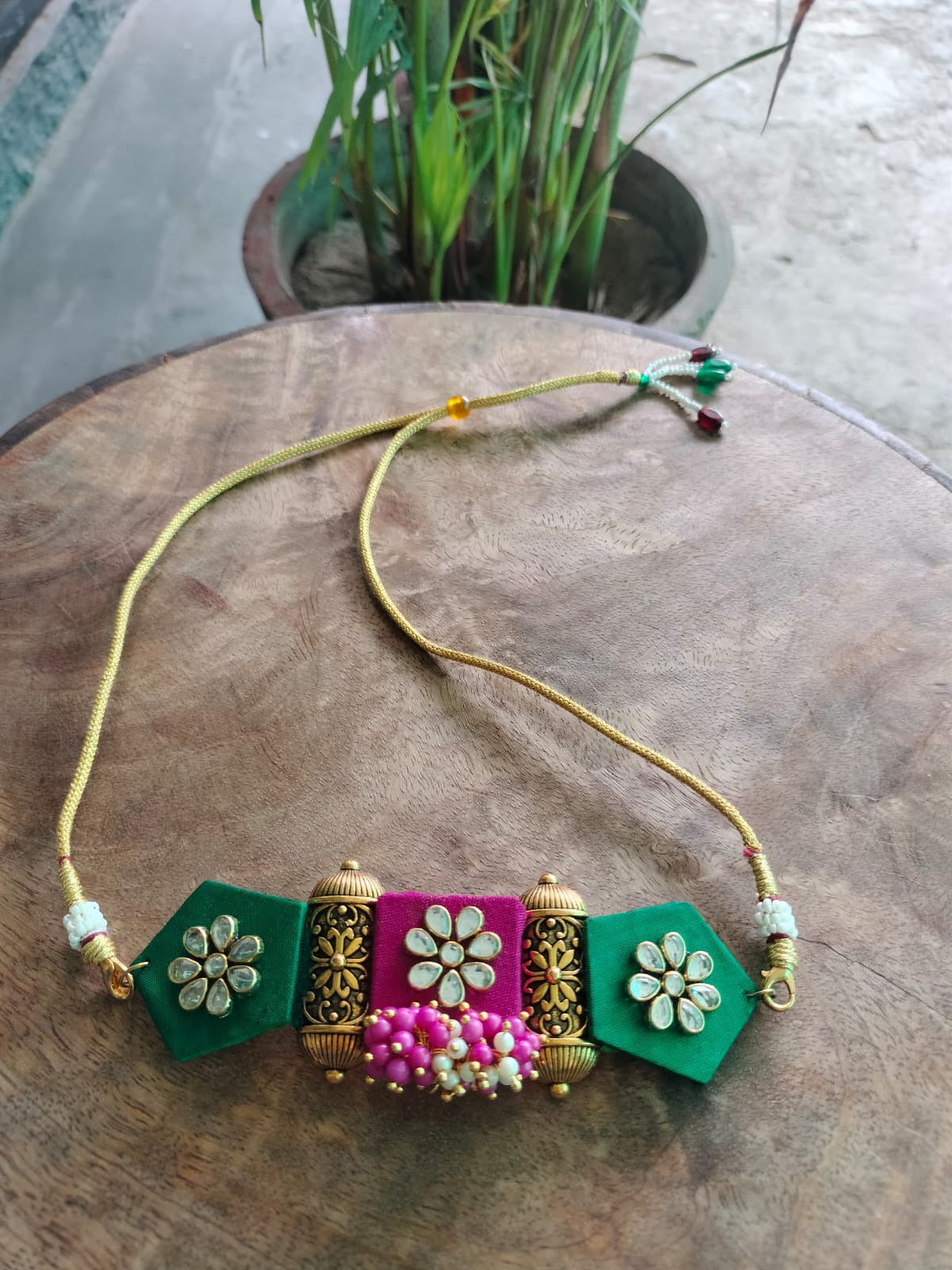 Regal Charm: Rani Pink & Emerald Green Fabric Kundan Choker Set ✨
