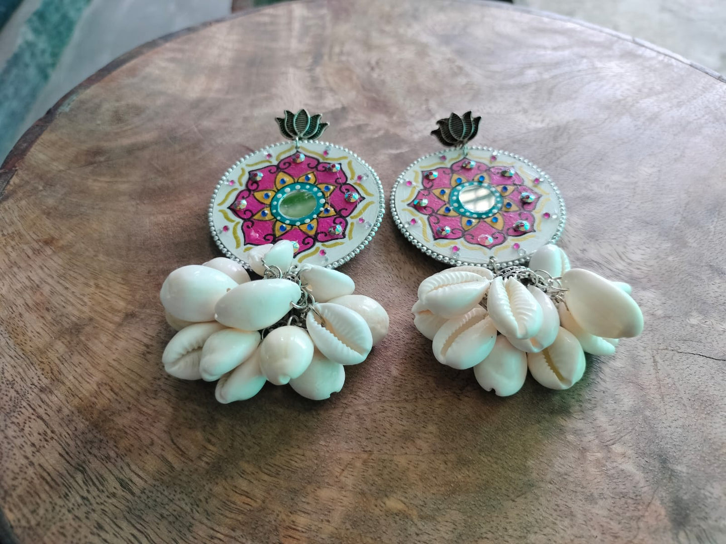 Tropical Blossom: Hand-Painted Mirror & Cowrie Shell Lotus Earrings 🌺