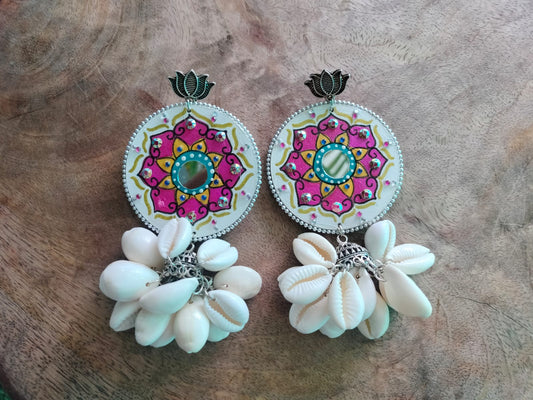 Tropical Blossom: Hand-Painted Mirror & Cowrie Shell Lotus Earrings 🌺