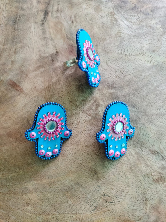 🪬 Handmade Hamsa Hand Jewelry Set – Stud Earrings & Matching Ring