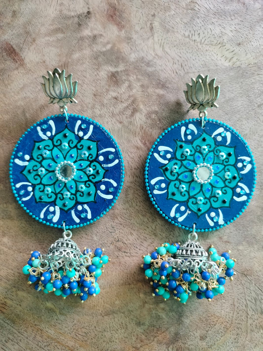 Azure Mandala: Hand-Painted Blue Lotus & Jhumki Earrings 💙