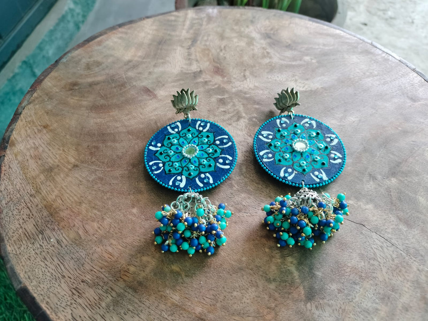 Azure Mandala: Hand-Painted Blue Lotus & Jhumki Earrings 💙