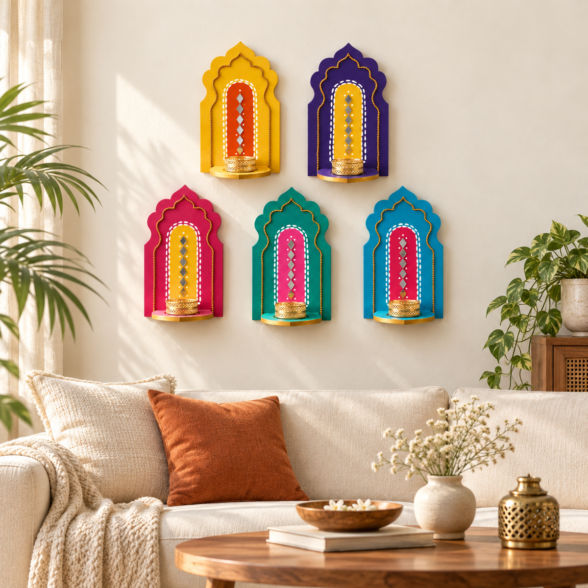 Indian Arch Tealight Holder Set of 5 – Handmade Jharokha Diya Wall Decor