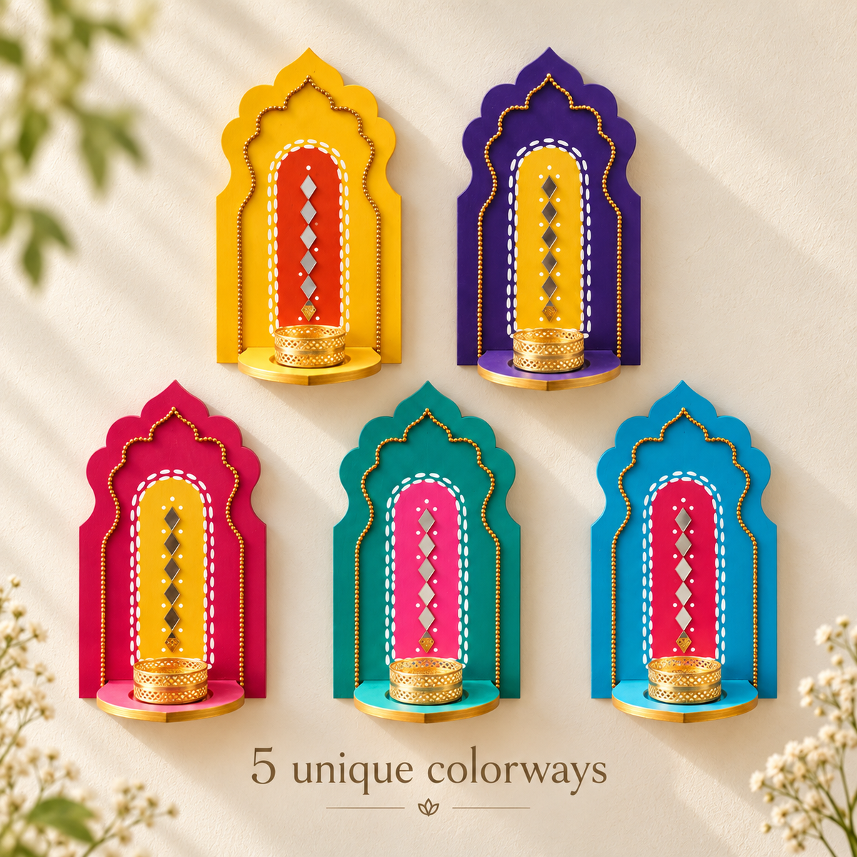 Indian Arch Tealight Holder Set of 5 – Handmade Jharokha Diya Wall Decor