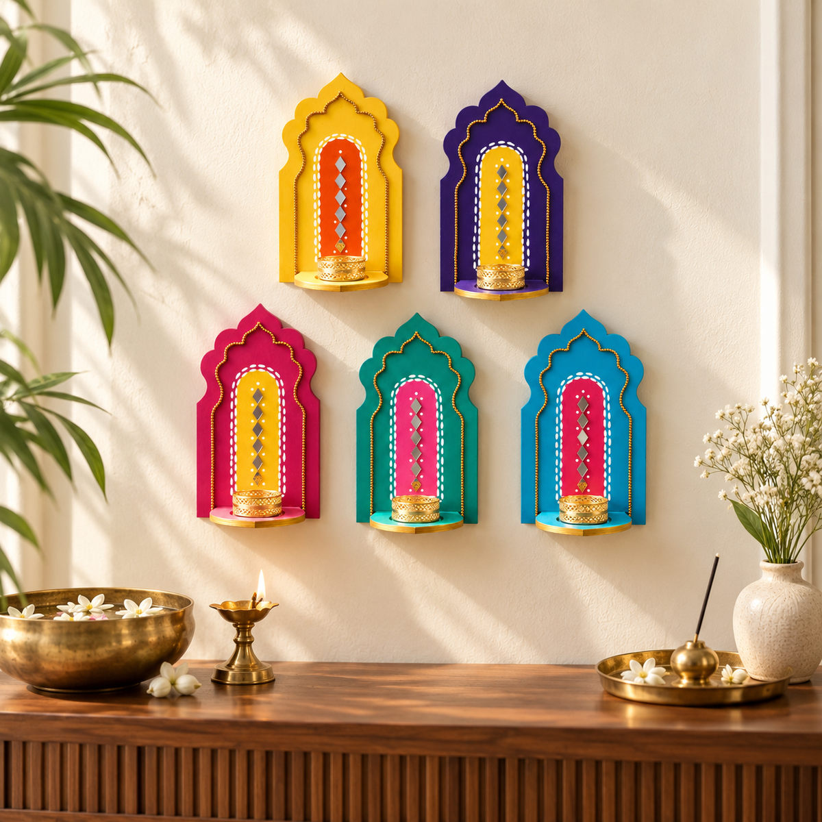 Indian Arch Tealight Holder Set of 5 – Handmade Jharokha Diya Wall Decor