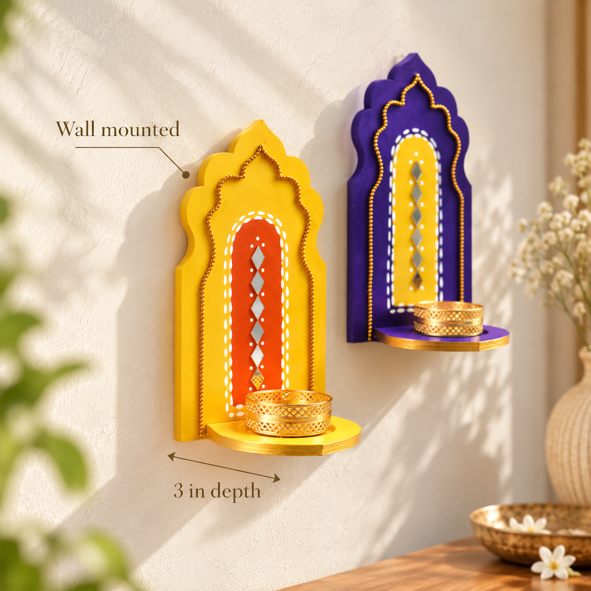 Indian Arch Tealight Holder Set of 5 – Handmade Jharokha Diya Wall Decor