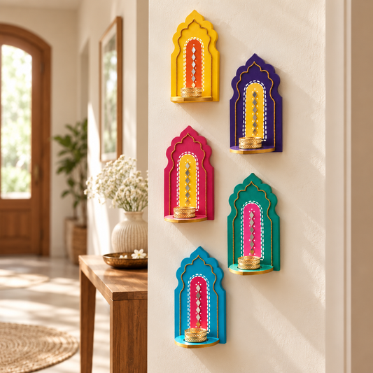 Indian Arch Tealight Holder Set of 5 – Handmade Jharokha Diya Wall Decor