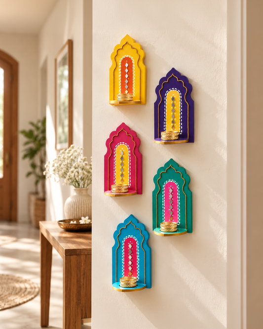 Indian Arch Tealight Holder Set of 5 – Handmade Jharokha Diya Wall Decor