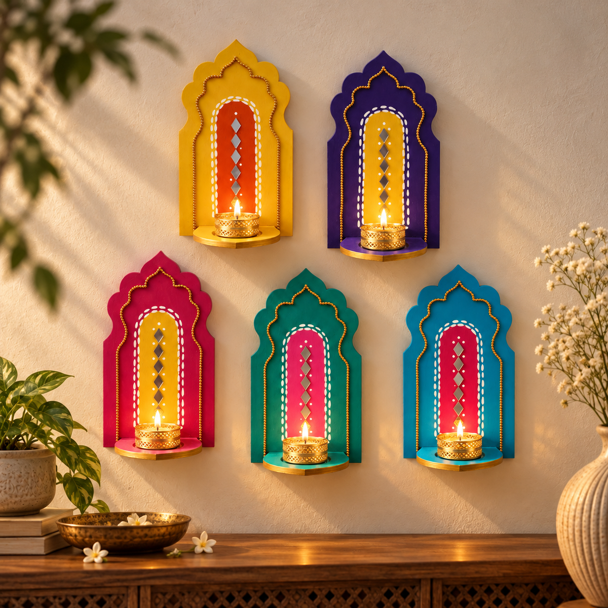 Indian Arch Tealight Holder Set of 5 – Handmade Jharokha Diya Wall Decor