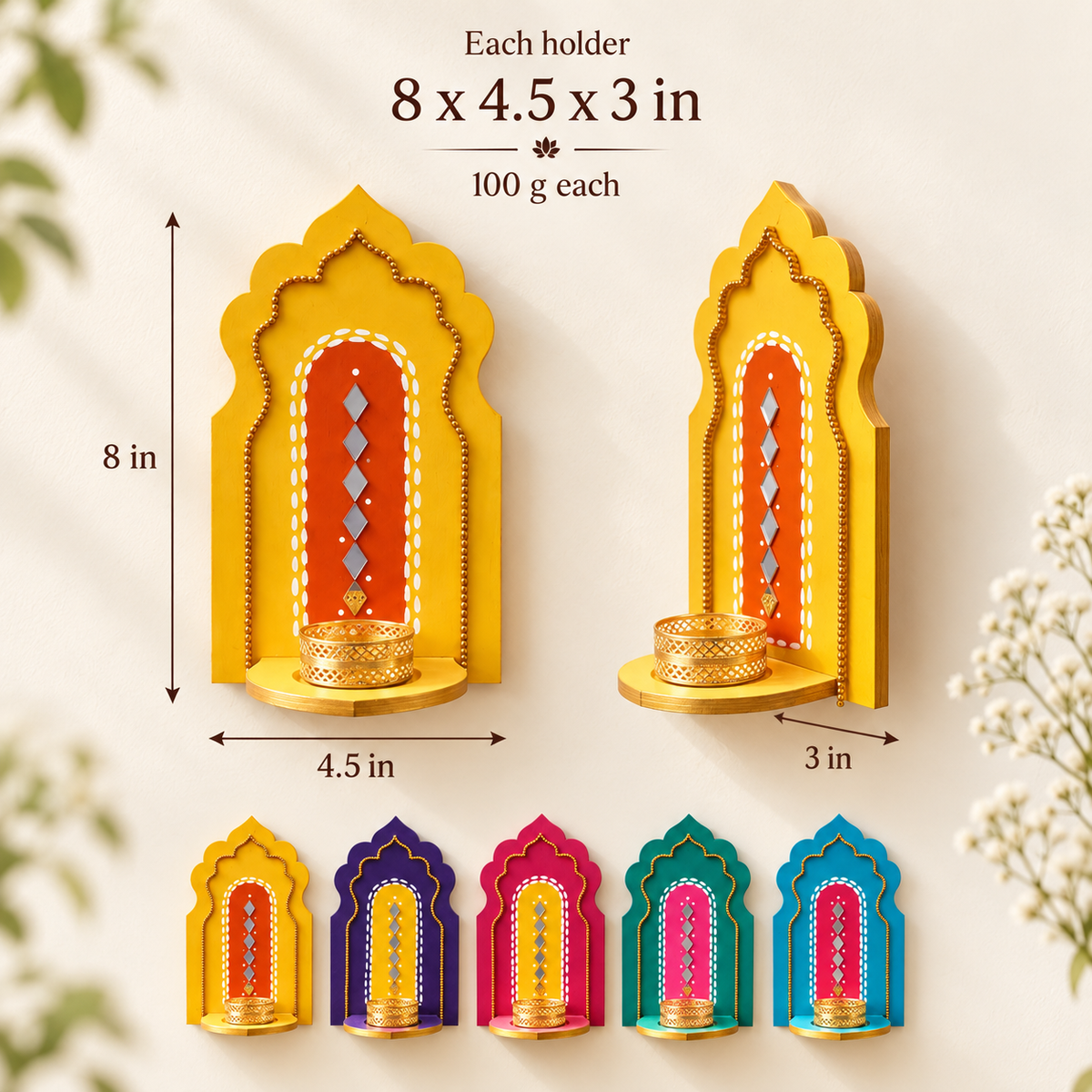 Indian Arch Tealight Holder Set of 5 – Handmade Jharokha Diya Wall Decor