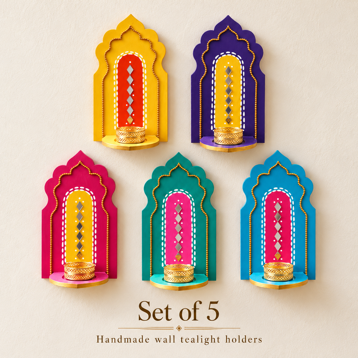 Indian Arch Tealight Holder Set of 5 – Handmade Jharokha Diya Wall Decor