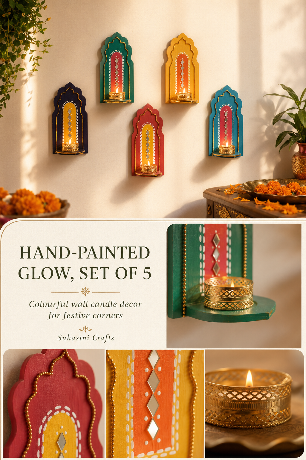Indian Arch Tealight Holder Set of 5 – Handmade Jharokha Diya Wall Decor