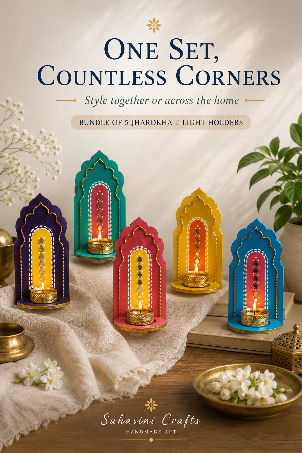 Indian Arch Tealight Holder Set of 5 – Handmade Jharokha Diya Wall Decor