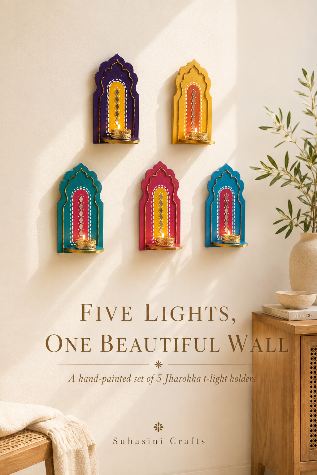 Indian Arch Tealight Holder Set of 5 – Handmade Jharokha Diya Wall Decor