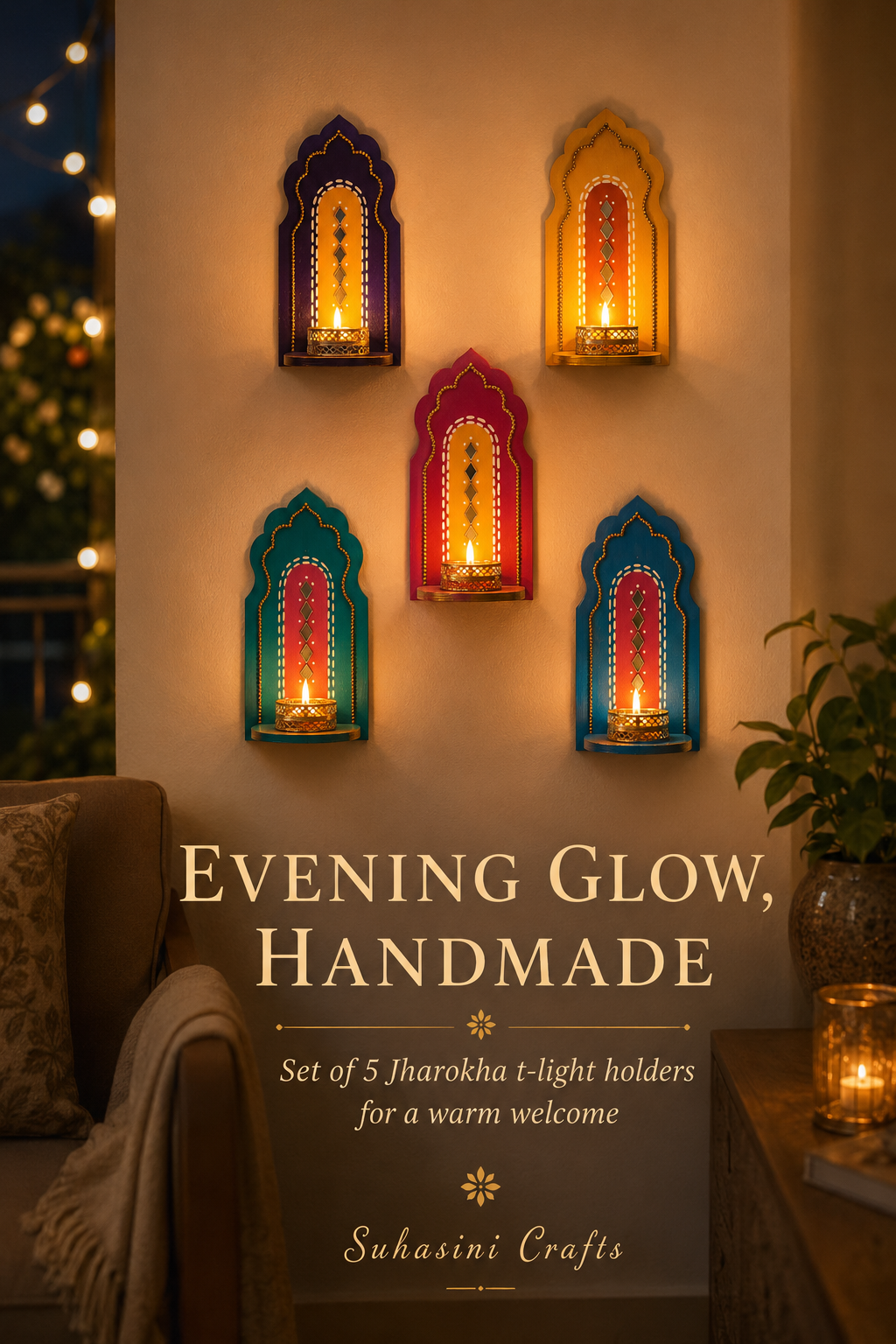 Indian Arch Tealight Holder Set of 5 – Handmade Jharokha Diya Wall Decor