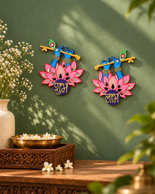 Krishna Shubh Labh Wall Decor, Hand Painted Indian Pooja Art