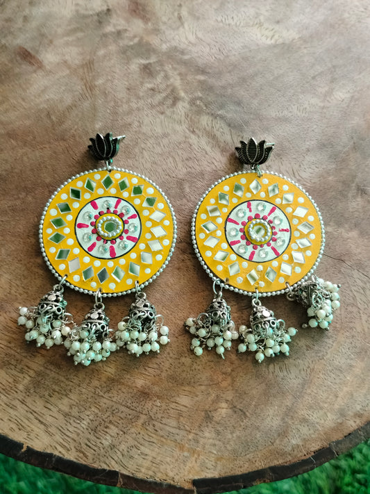 Radiant Sunshine: Hand-Painted Yellow Mirror Work & Lotus Jhumki Earrings 💙