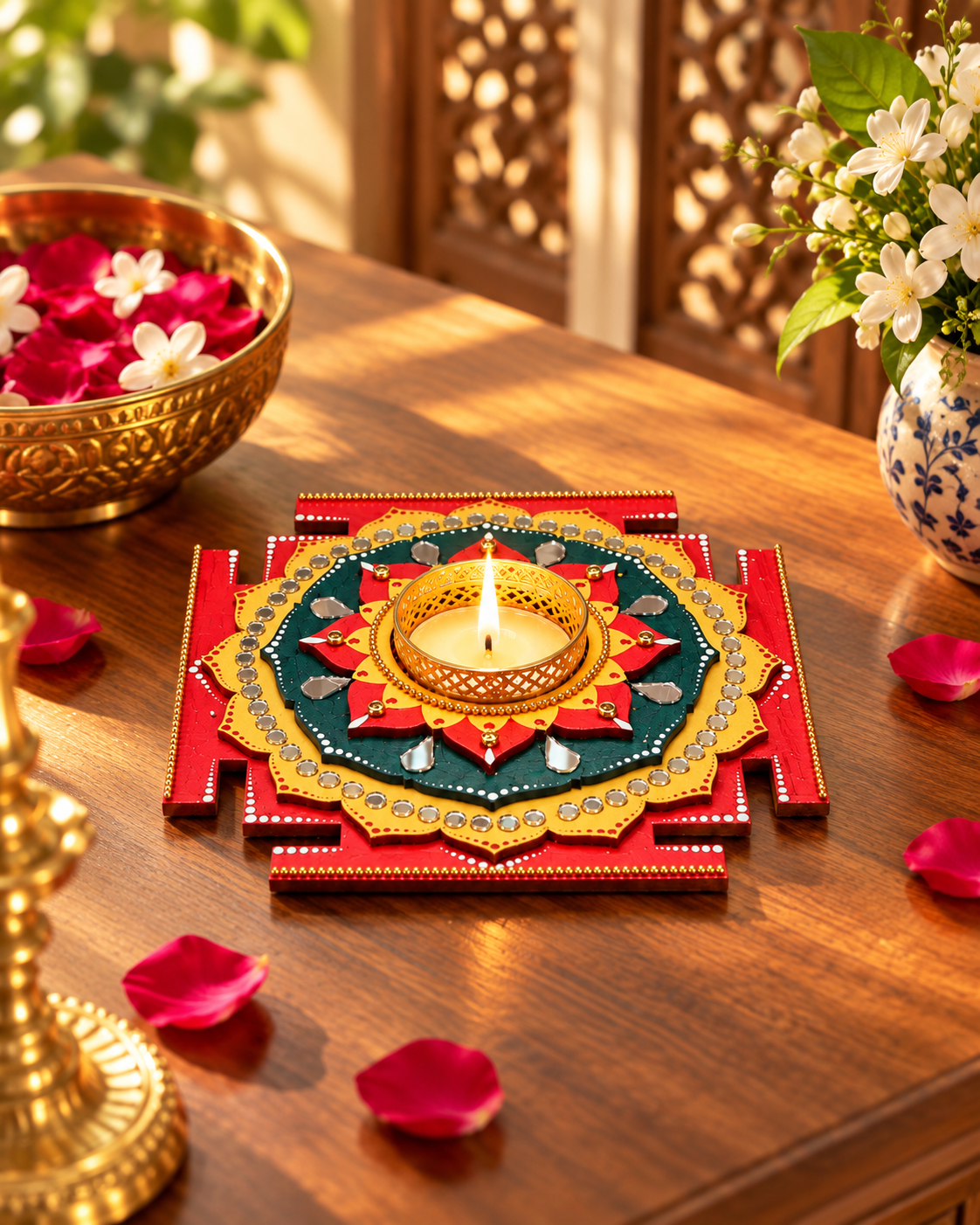 Maha Lakshmi Yantra Tealight Holder, Hand Painted Pooja Decor