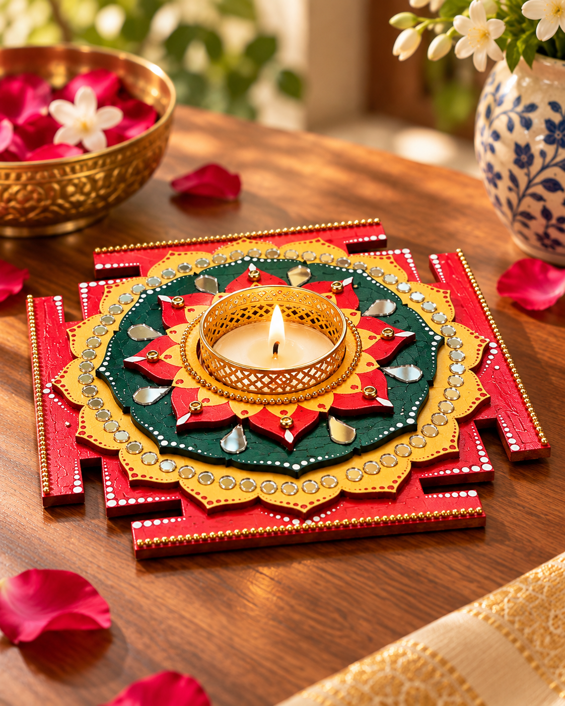 Maha Lakshmi Yantra Tealight Holder, Hand Painted Pooja Decor