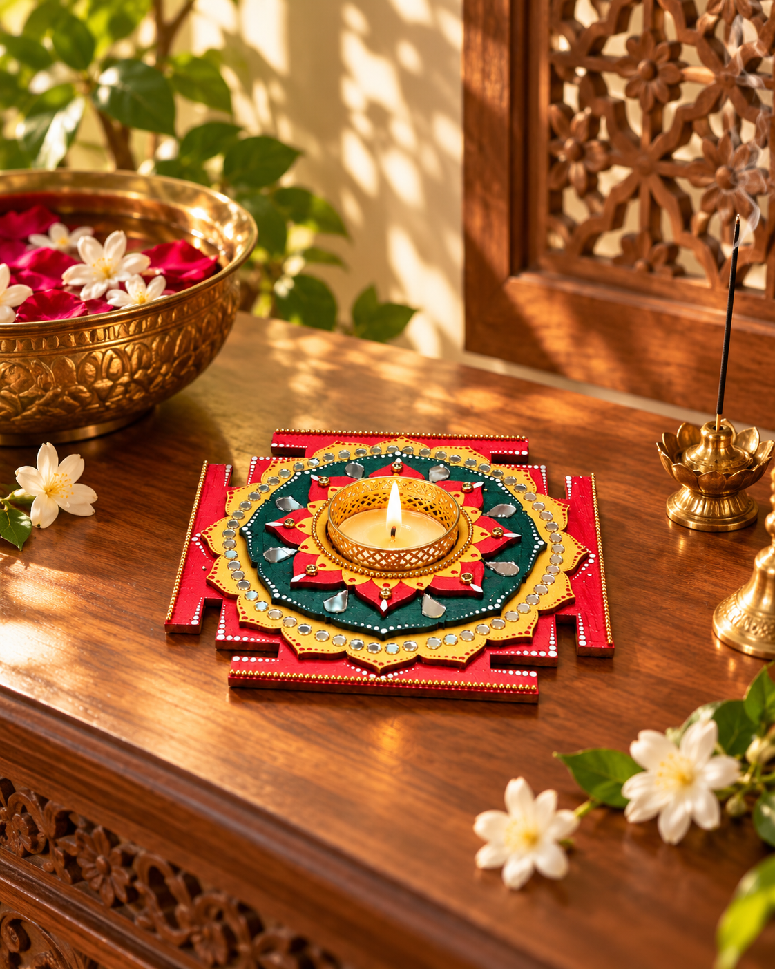 Maha Lakshmi Yantra Tealight Holder, Hand Painted Pooja Decor