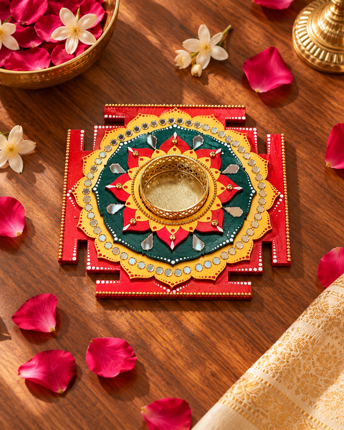 Maha Lakshmi Yantra Tealight Holder, Hand Painted Pooja Decor