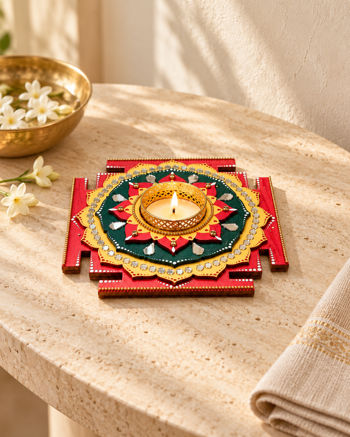 Maha Lakshmi Yantra Tealight Holder, Hand Painted Pooja Decor