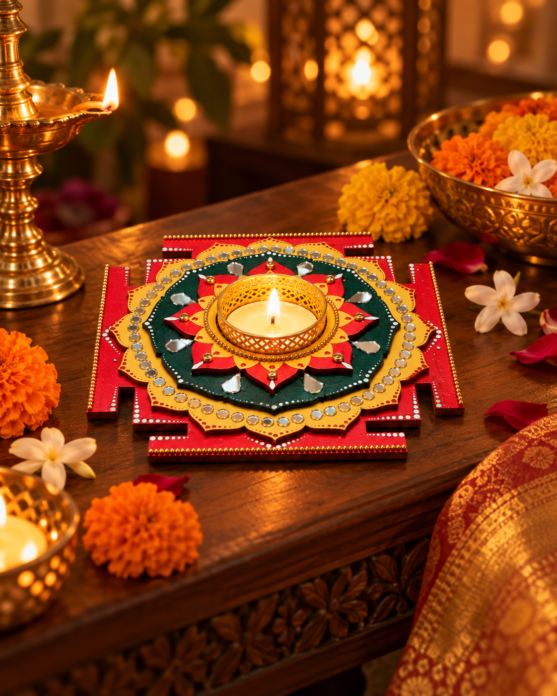 Maha Lakshmi Yantra Tealight Holder, Hand Painted Pooja Decor