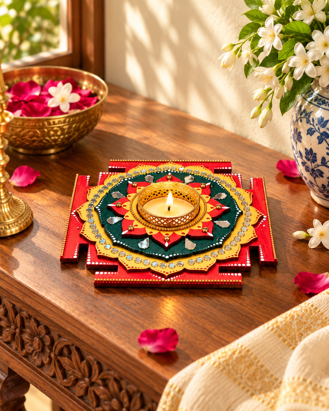 Maha Lakshmi Yantra Tealight Holder, Hand Painted Pooja Decor