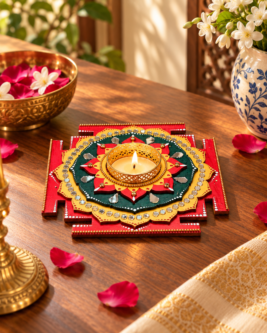 Maha Lakshmi Yantra Tealight Holder, Hand Painted Pooja Decor