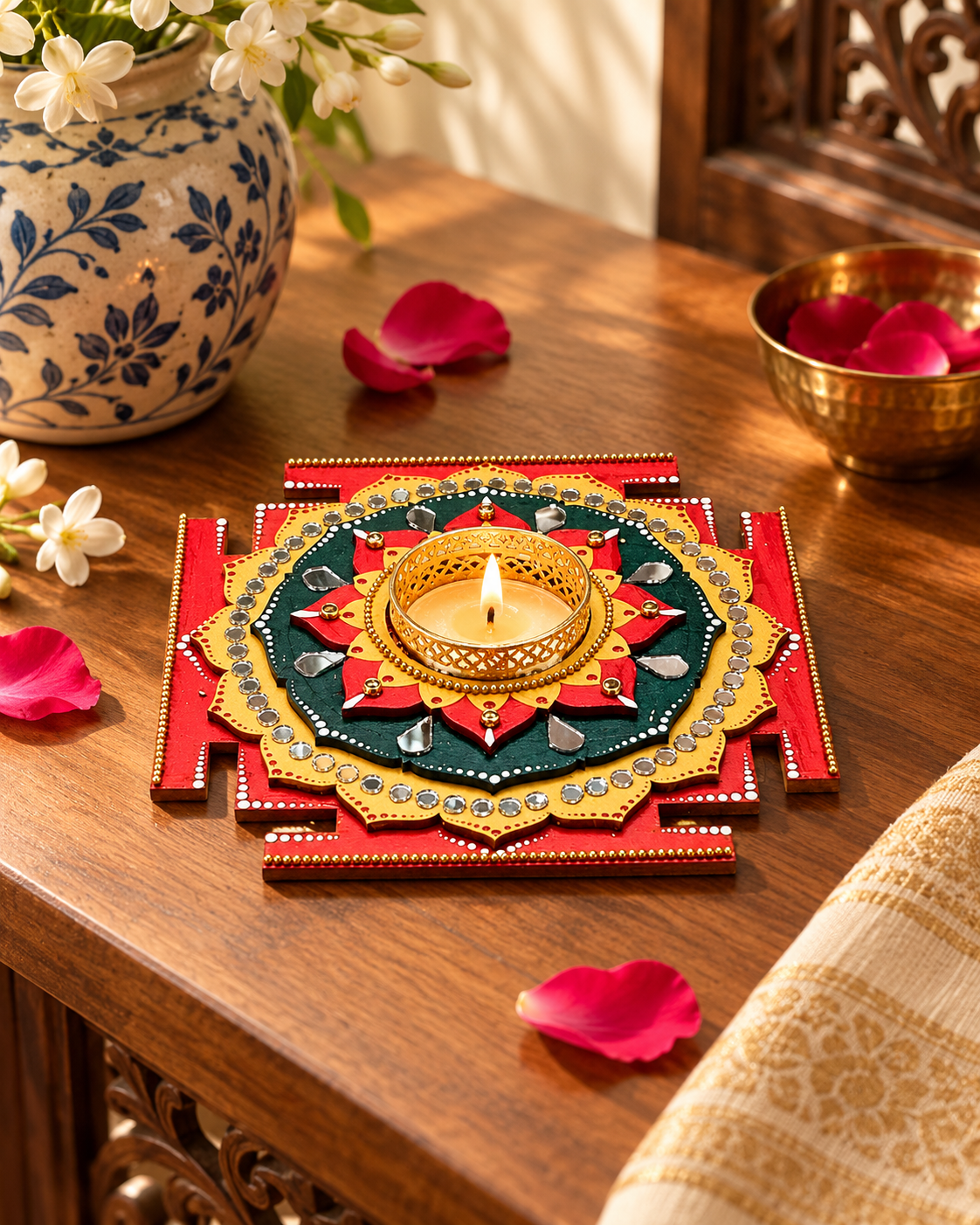Maha Lakshmi Yantra Tealight Holder, Hand Painted Pooja Decor