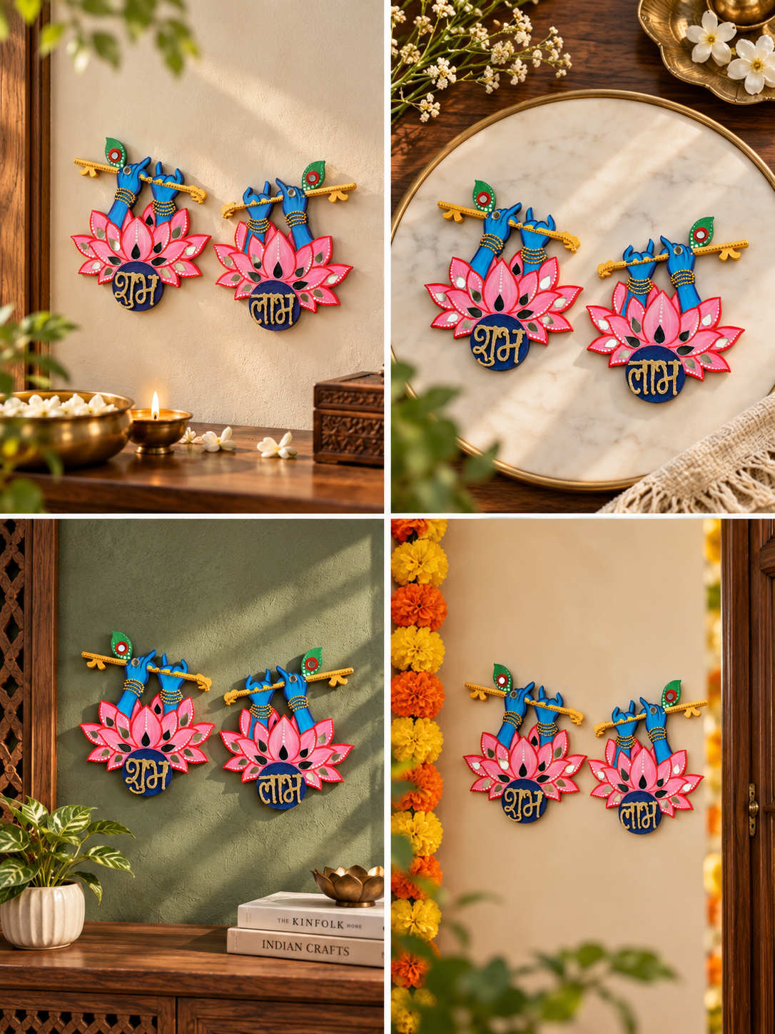 Krishna Shubh Labh Wall Decor, Hand Painted Indian Pooja Art