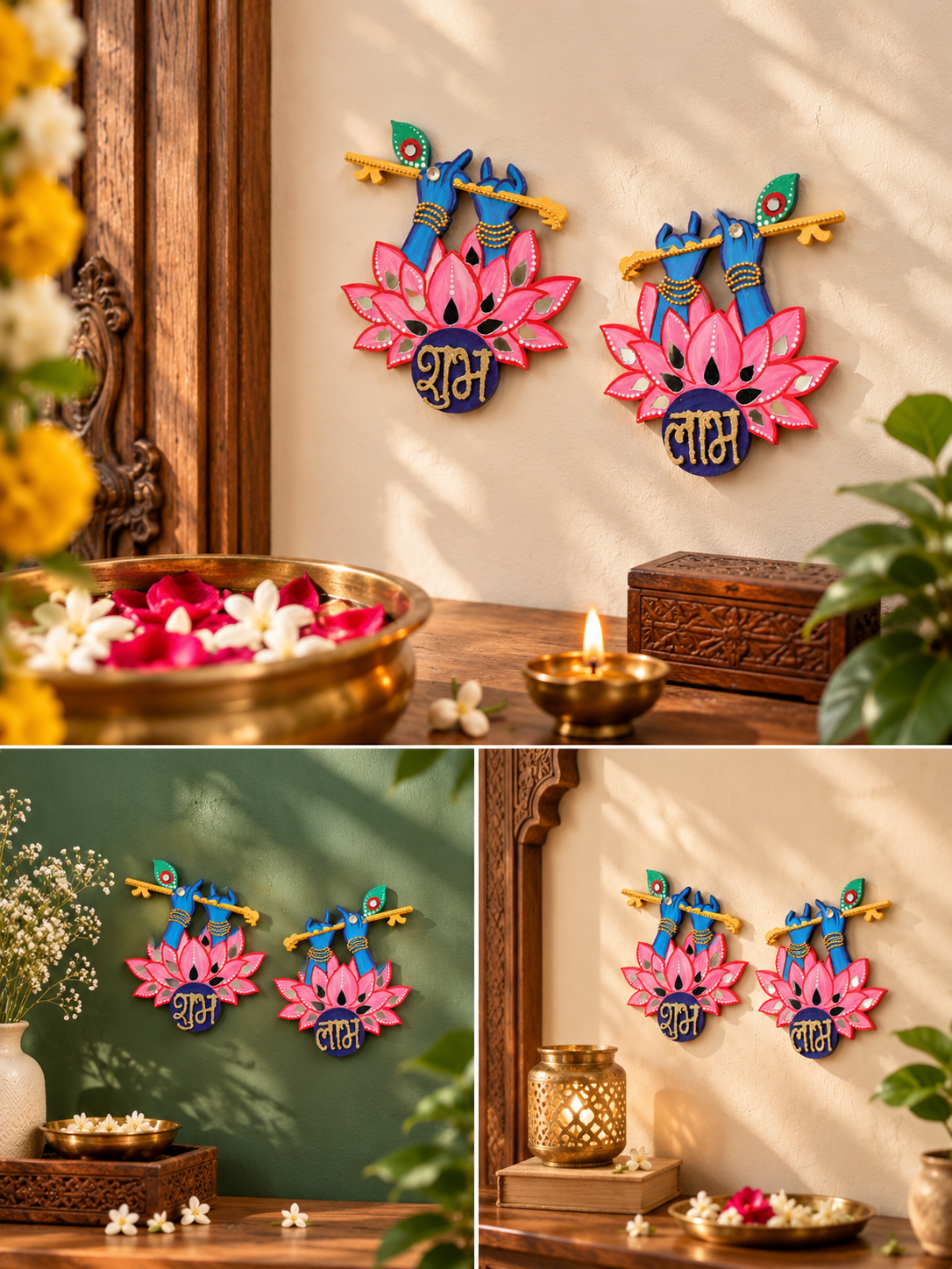 Krishna Shubh Labh Wall Decor, Hand Painted Indian Pooja Art
