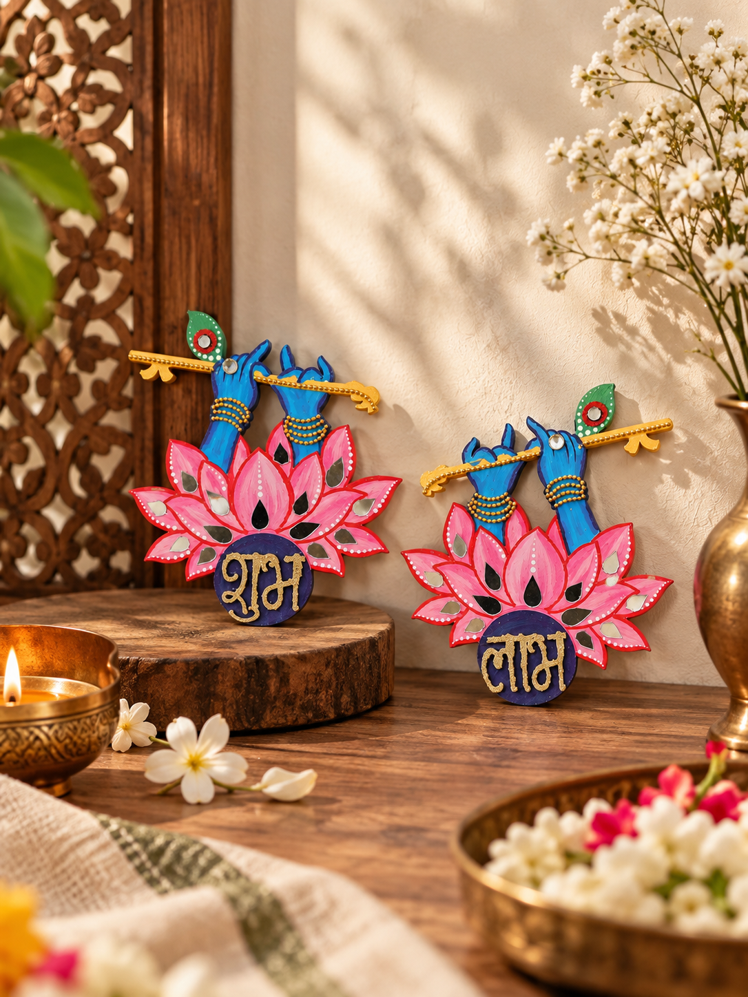 Krishna Shubh Labh Wall Decor, Hand Painted Indian Pooja Art