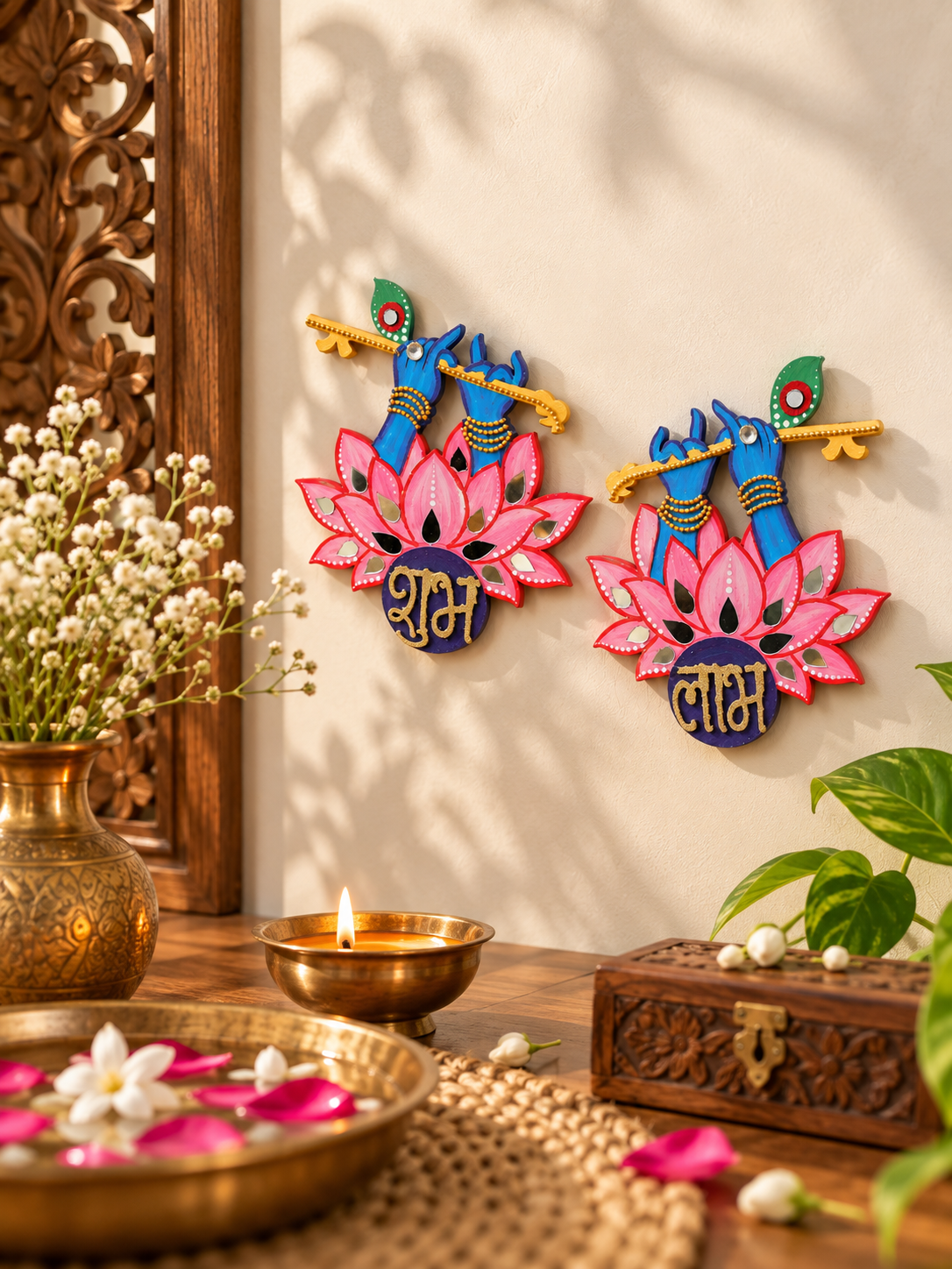 Krishna Shubh Labh Wall Decor, Hand Painted Indian Pooja Art