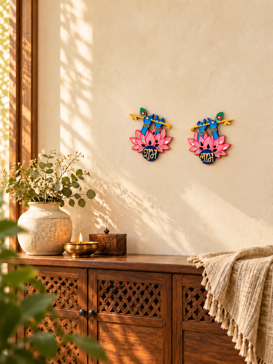 Krishna Shubh Labh Wall Decor, Hand Painted Indian Pooja Art