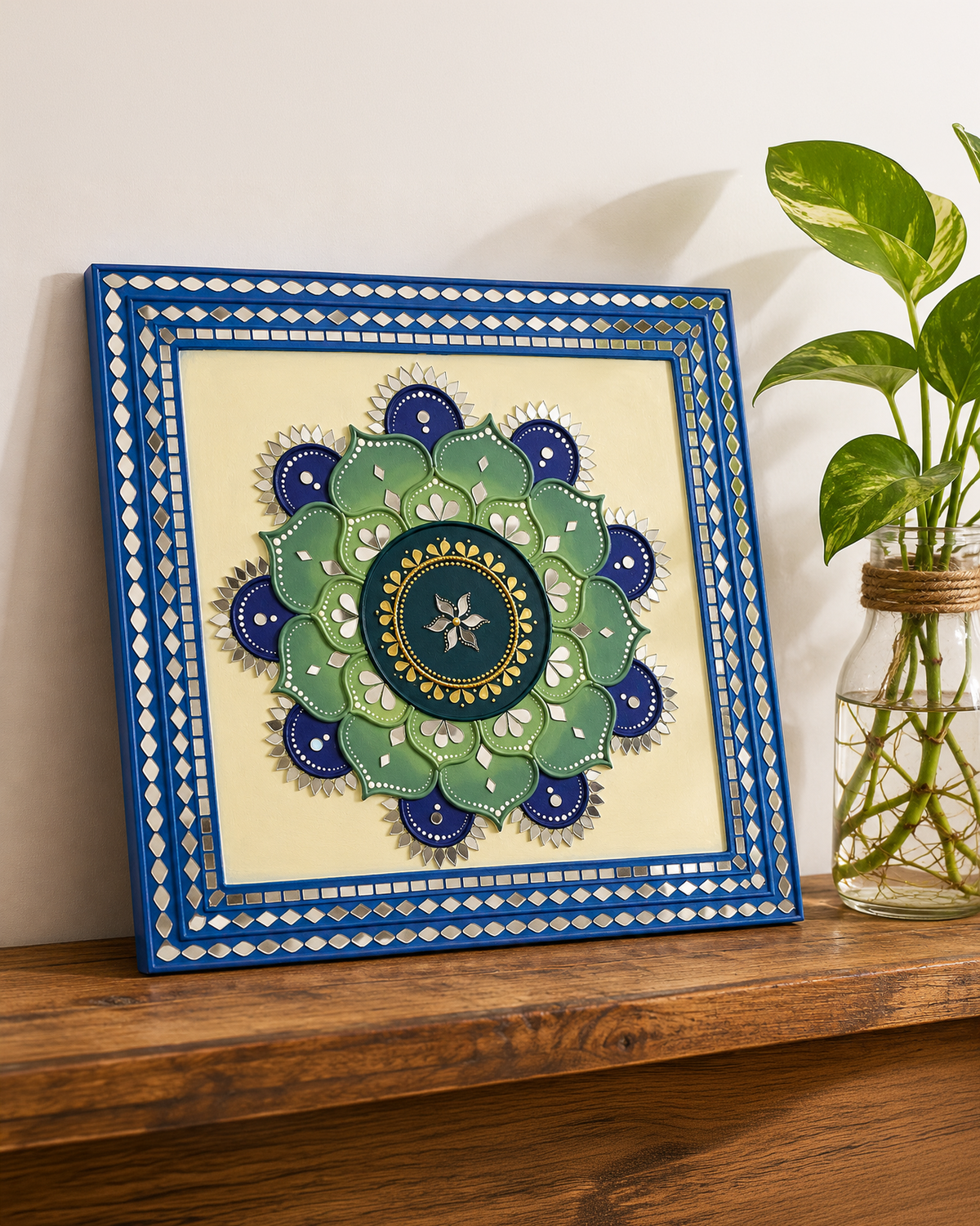 Sunflower Lippan Mandala Wall Art, Mud Mirror Indian Folk Decor