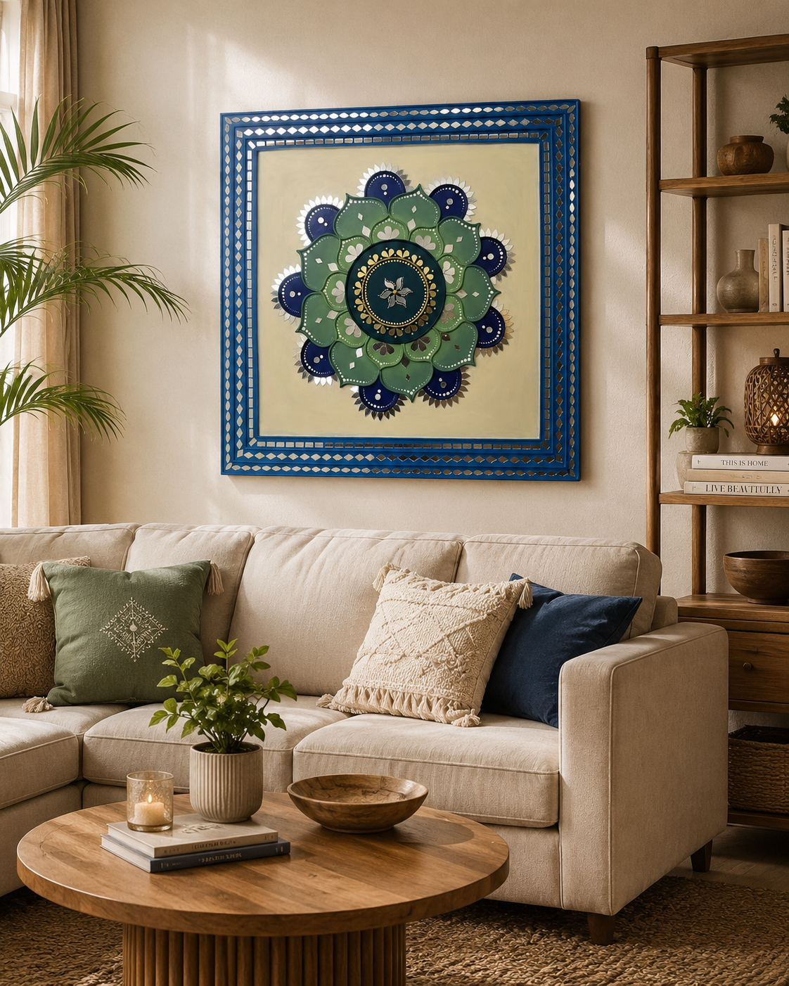 Sunflower Lippan Mandala Wall Art, Mud Mirror Indian Folk Decor